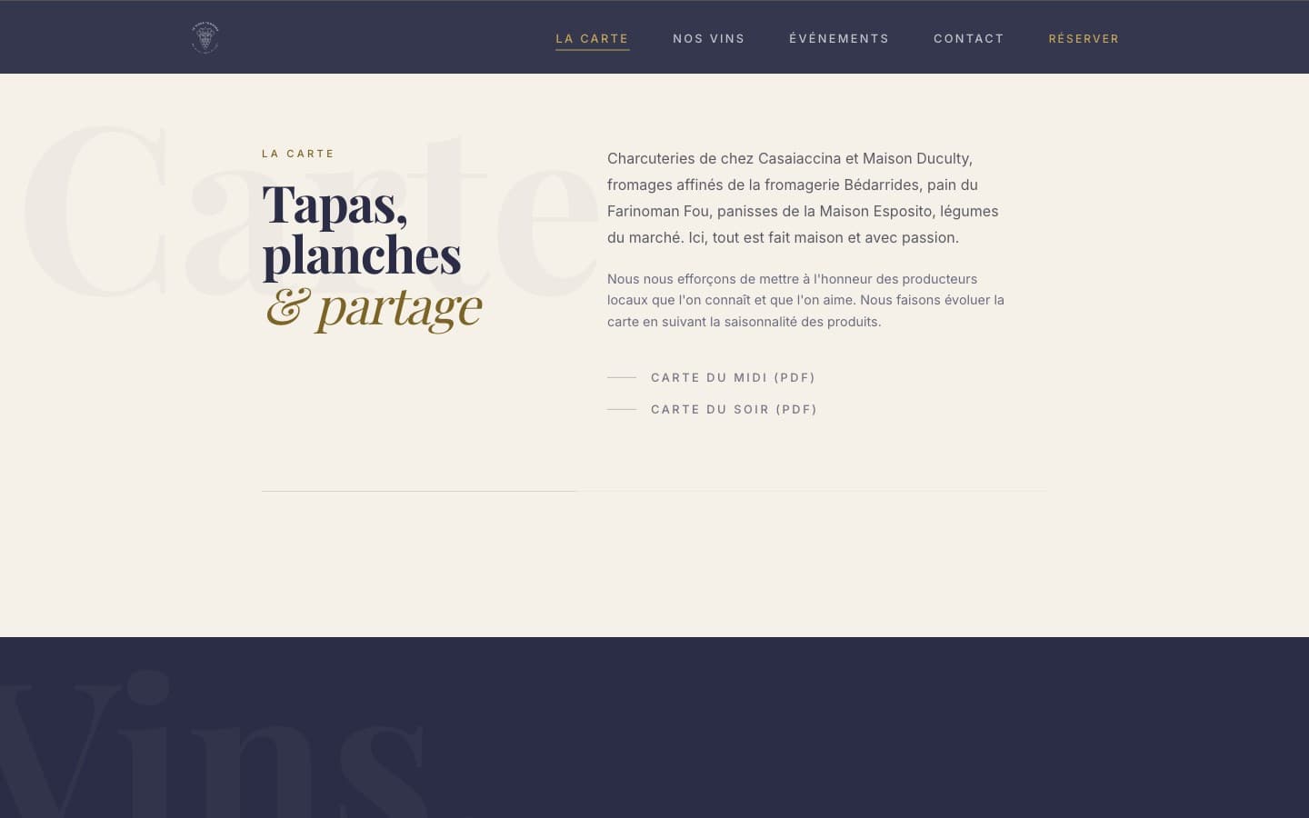 Section La Carte du site avec titre Tapas, planches et partage